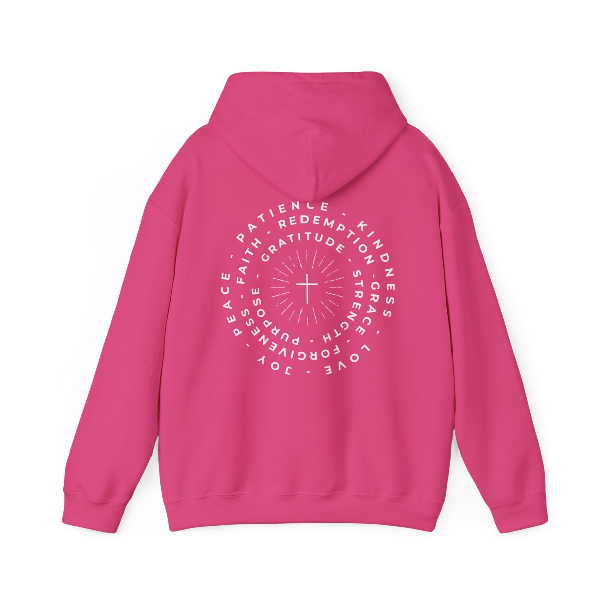 This custom Christian hoodie features a unique design on the back with a centered cross surrounded by circles of words such as Gratitude, Redemption, Patience, Joy, Love, Kindness, Peace, Faith, Forgiveness, Grace, Purpose and Strength.