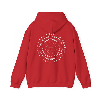This custom Christian hoodie features a unique design on the back with a centered cross surrounded by circles of words such as Gratitude, Redemption, Patience, Joy, Love, Kindness, Peace, Faith, Forgiveness, Grace, Purpose and Strength.