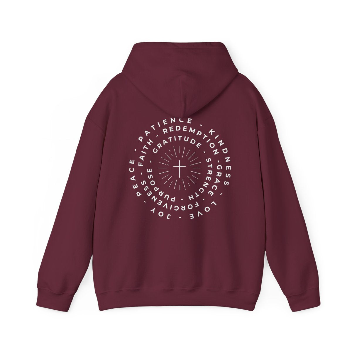 This custom Christian hoodie features a unique design on the back with a centered cross surrounded by circles of words such as Gratitude, Redemption, Patience, Joy, Love, Kindness, Peace, Faith, Forgiveness, Grace, Purpose and Strength.