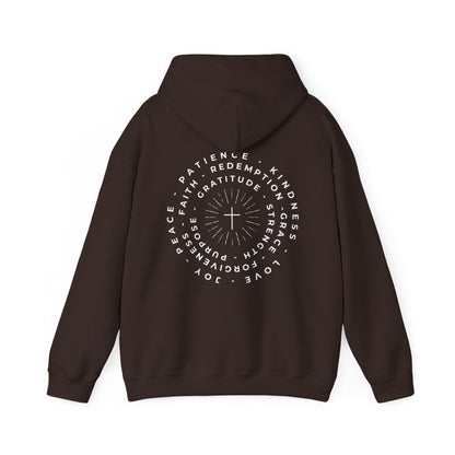 This custom Christian hoodie features a unique design on the back with a centered cross surrounded by circles of words such as Gratitude, Redemption, Patience, Joy, Love, Kindness, Peace, Faith, Forgiveness, Grace, Purpose and Strength.