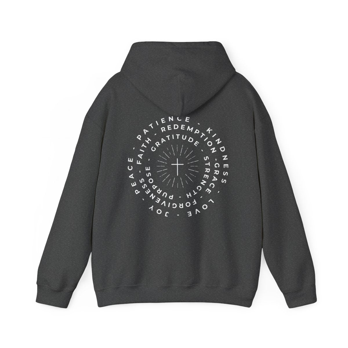 This custom Christian hoodie features a unique design on the back with a centered cross surrounded by circles of words such as Gratitude, Redemption, Patience, Joy, Love, Kindness, Peace, Faith, Forgiveness, Grace, Purpose and Strength.