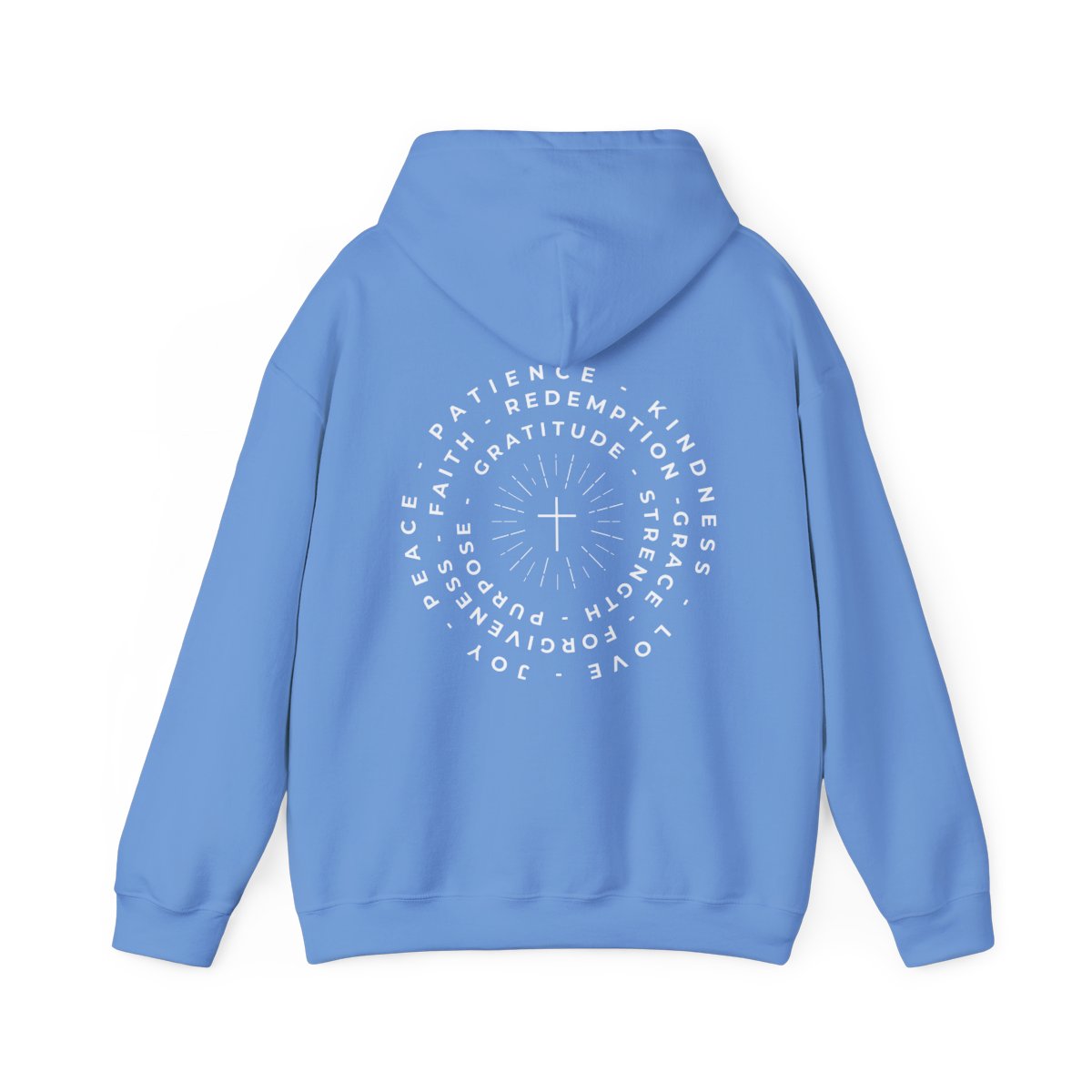 This custom Christian hoodie features a unique design on the back with a centered cross surrounded by circles of words such as Gratitude, Redemption, Patience, Joy, Love, Kindness, Peace, Faith, Forgiveness, Grace, Purpose and Strength.