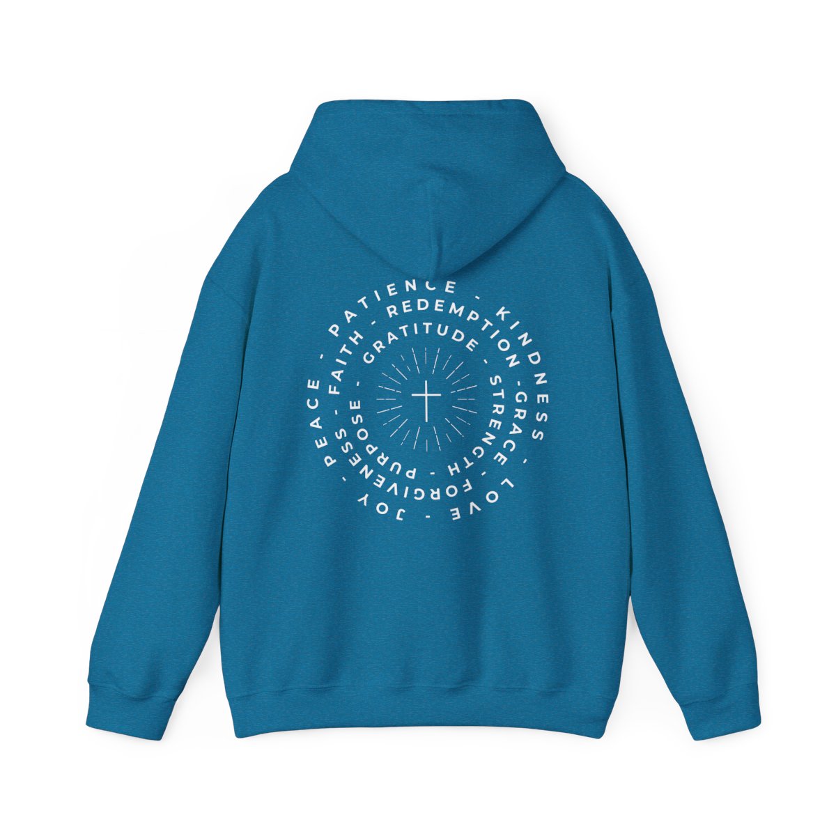 This custom Christian hoodie features a unique design on the back with a centered cross surrounded by circles of words such as Gratitude, Redemption, Patience, Joy, Love, Kindness, Peace, Faith, Forgiveness, Grace, Purpose and Strength.