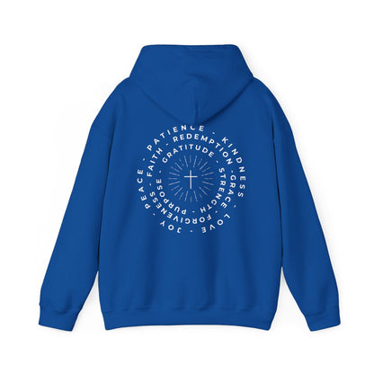 This custom Christian hoodie features a unique design on the back with a centered cross surrounded by circles of words such as Gratitude, Redemption, Patience, Joy, Love, Kindness, Peace, Faith, Forgiveness, Grace, Purpose and Strength.