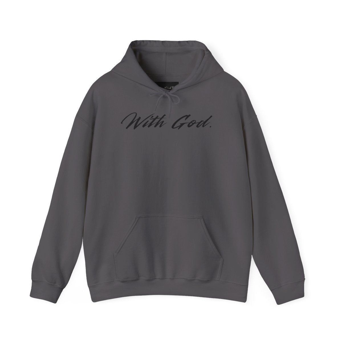 On the front of this custom Christian Hooded Sweatshirt are the words With God in large modern font across the top center of the hoodie.