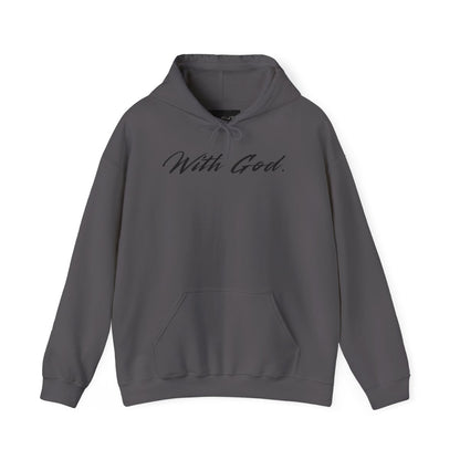 On the front of this custom Christian Hooded Sweatshirt are the words With God in large modern font across the top center of the hoodie.