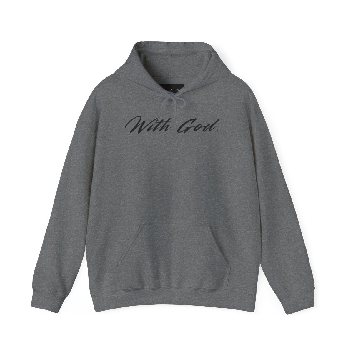 On the front of this custom Christian Hooded Sweatshirt are the words With God in large modern font across the top center of the hoodie.