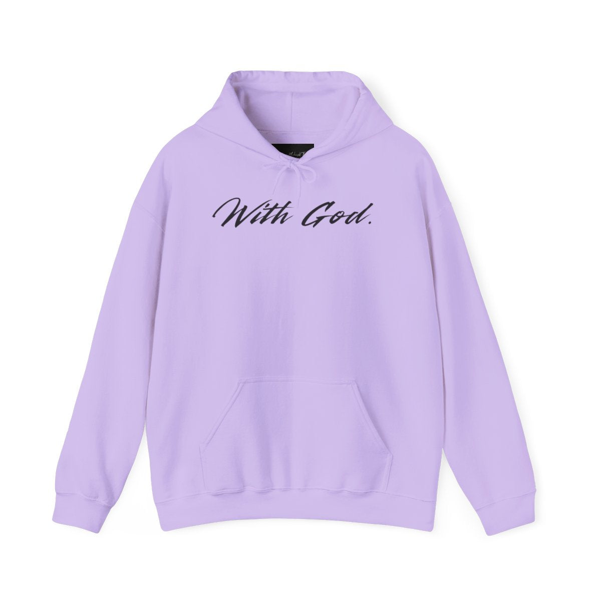 On the front of this custom Christian Hooded Sweatshirt are the words With God in large modern font across the top center of the hoodie.