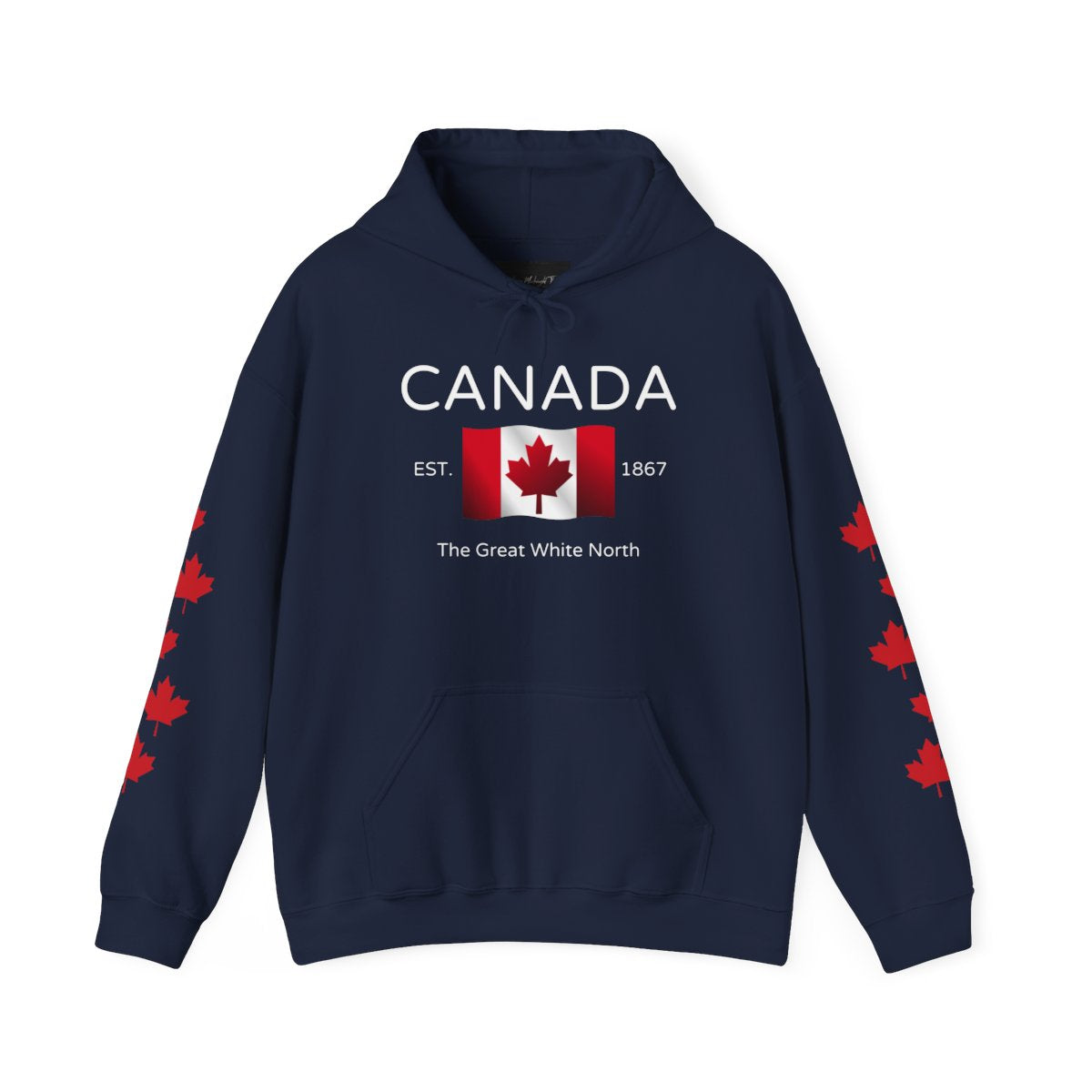 On the front of this custom unisex patriotic sweater is a Canadian flag that looks like it is flying in the wind, the words Canada The Great White North are underneath the flag with the word Est on the right side of the flag with the number 1867 being on the left side of the flag. Each are has red maple leaves that run down each sleeve to the cuff.