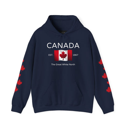 On the front of this custom unisex patriotic sweater is a Canadian flag that looks like it is flying in the wind, the words Canada The Great White North are underneath the flag with the word Est on the right side of the flag with the number 1867 being on the left side of the flag. Each are has red maple leaves that run down each sleeve to the cuff.