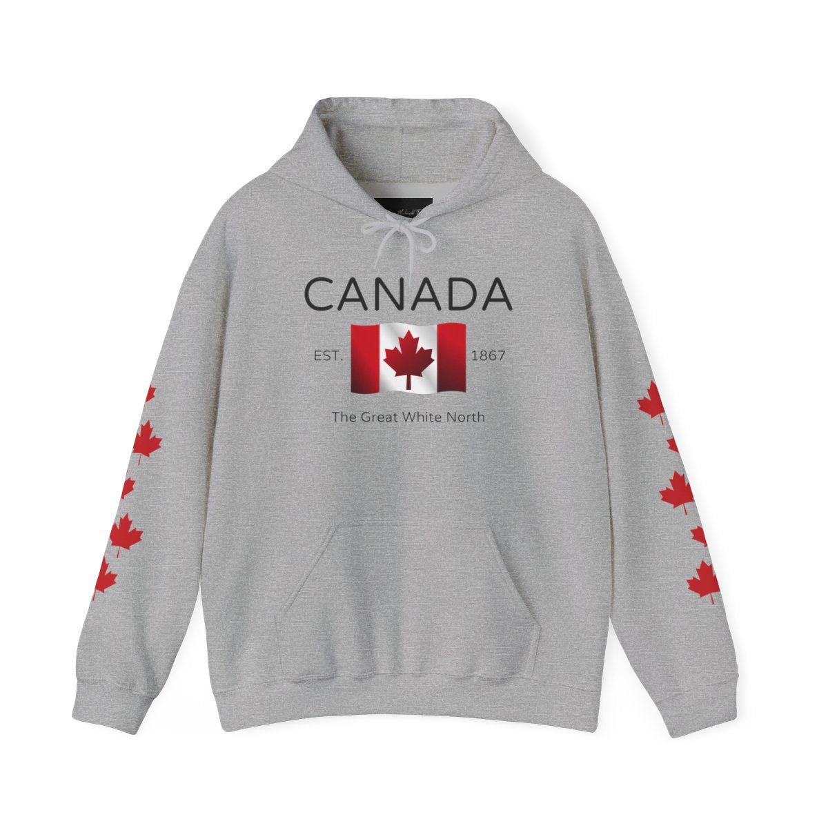 On the front of this custom unisex patriotic sweater is a Canadian flag that looks like it is flying in the wind, the words Canada The Great White North are underneath the flag with the word Est on the right side of the flag with the number 1867 being on the left side of the flag. Each are has red maple leaves that run down each sleeve to the cuff.