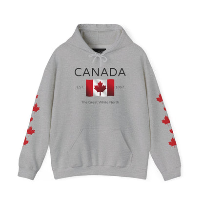 On the front of this custom unisex patriotic sweater is a Canadian flag that looks like it is flying in the wind, the words Canada The Great White North are underneath the flag with the word Est on the right side of the flag with the number 1867 being on the left side of the flag. Each are has red maple leaves that run down each sleeve to the cuff.