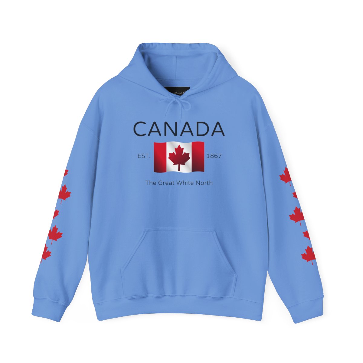On the front of this custom unisex patriotic sweater is a Canadian flag that looks like it is flying in the wind, the words Canada The Great White North are underneath the flag with the word Est on the right side of the flag with the number 1867 being on the left side of the flag. Each are has red maple leaves that run down each sleeve to the cuff.