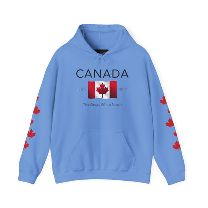 On the front of this custom unisex patriotic sweater is a Canadian flag that looks like it is flying in the wind, the words Canada The Great White North are underneath the flag with the word Est on the right side of the flag with the number 1867 being on the left side of the flag. Each are has red maple leaves that run down each sleeve to the cuff.