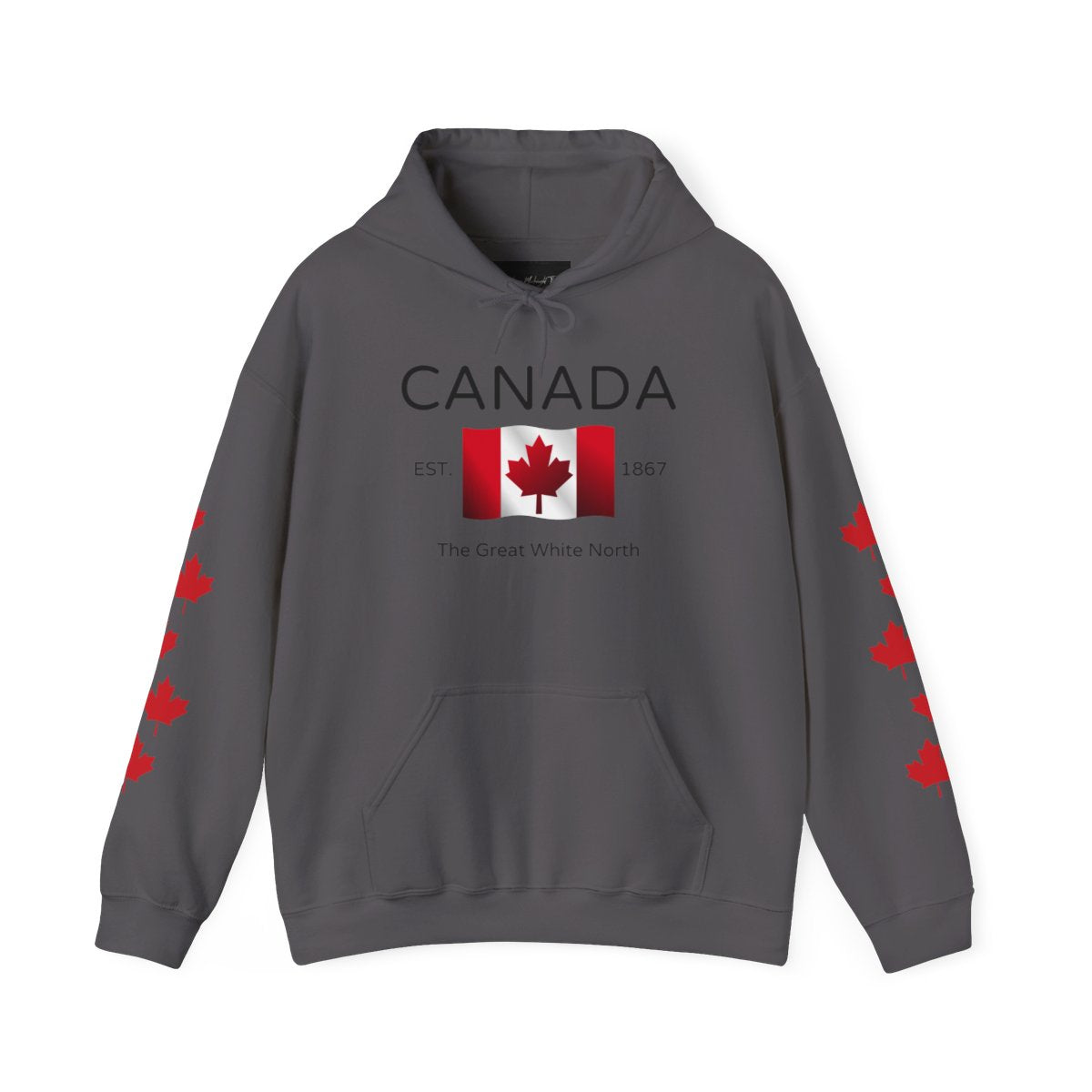 On the front of this custom unisex patriotic sweater is a Canadian flag that looks like it is flying in the wind, the words Canada The Great White North are underneath the flag with the word Est on the right side of the flag with the number 1867 being on the left side of the flag. Each are has red maple leaves that run down each sleeve to the cuff.