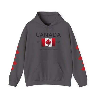 On the front of this custom unisex patriotic sweater is a Canadian flag that looks like it is flying in the wind, the words Canada The Great White North are underneath the flag with the word Est on the right side of the flag with the number 1867 being on the left side of the flag. Each are has red maple leaves that run down each sleeve to the cuff.