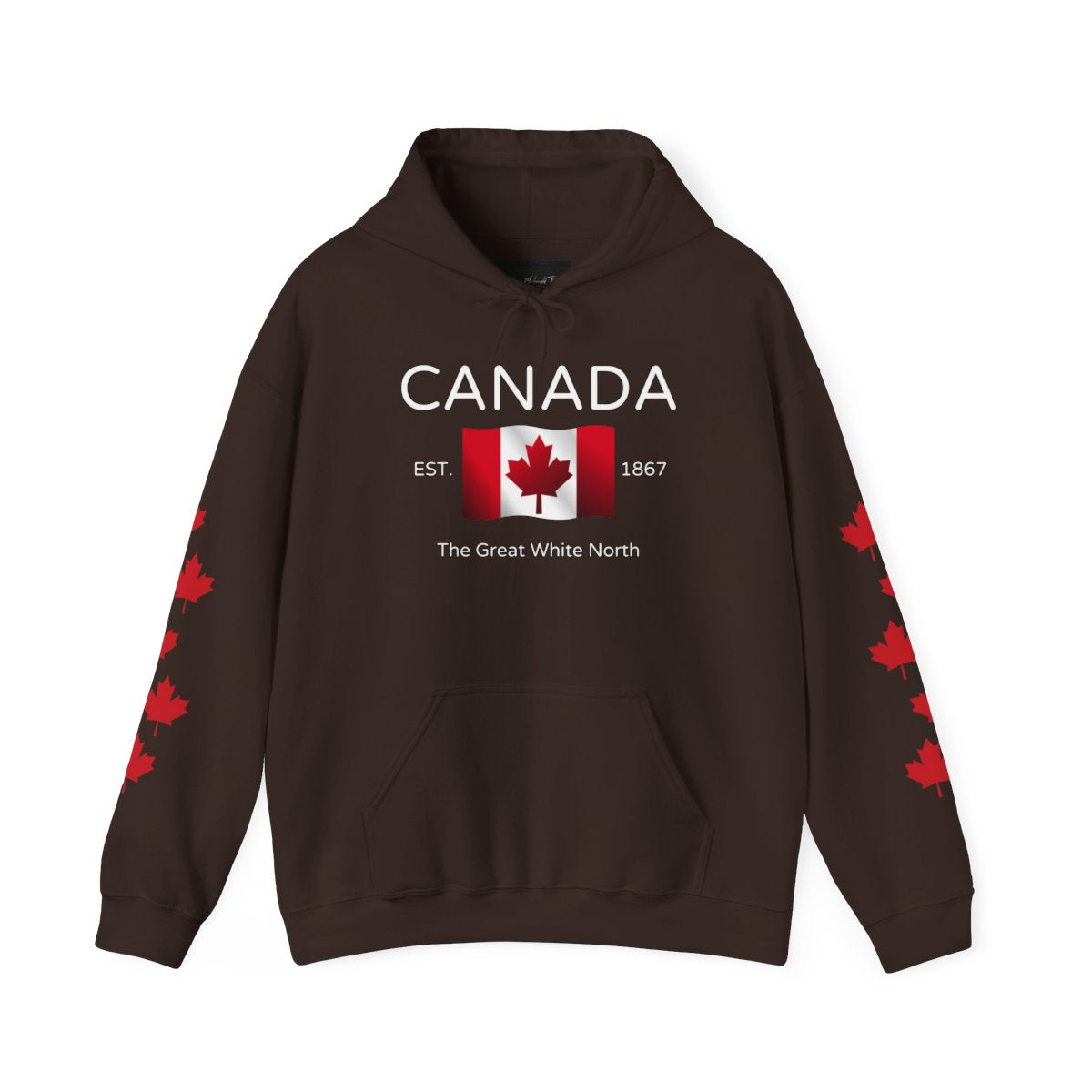 On the front of this custom unisex patriotic sweater is a Canadian flag that looks like it is flying in the wind, the words Canada The Great White North are underneath the flag with the word Est on the right side of the flag with the number 1867 being on the left side of the flag. Each are has red maple leaves that run down each sleeve to the cuff.