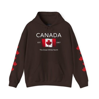 On the front of this custom unisex patriotic sweater is a Canadian flag that looks like it is flying in the wind, the words Canada The Great White North are underneath the flag with the word Est on the right side of the flag with the number 1867 being on the left side of the flag. Each are has red maple leaves that run down each sleeve to the cuff.