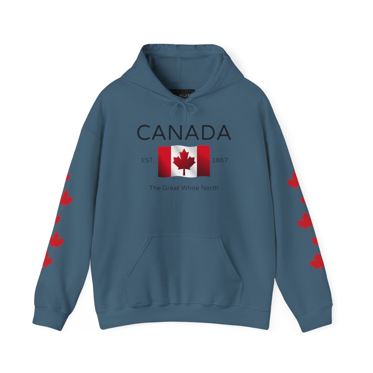On the front of this custom unisex patriotic sweater is a Canadian flag that looks like it is flying in the wind, the words Canada The Great White North are underneath the flag with the word Est on the right side of the flag with the number 1867 being on the left side of the flag. Each are has red maple leaves that run down each sleeve to the cuff.