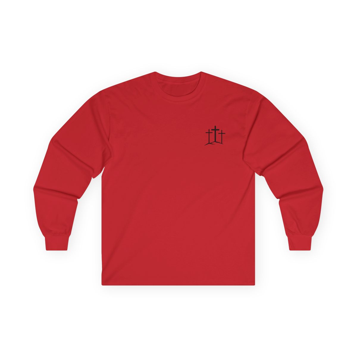 A classic Christian Unisex Ultra Cotton Long Sleeve Custom Tee featuring an image of three Jesus crosses on a hill on the top left chest of the shirt.