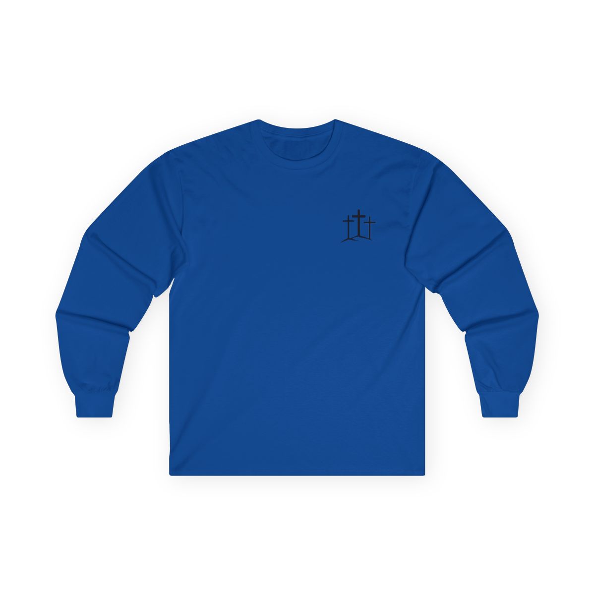 A classic Christian Unisex Ultra Cotton Long Sleeve Custom Tee featuring an image of three Jesus crosses on a hill on the top left chest of the shirt.