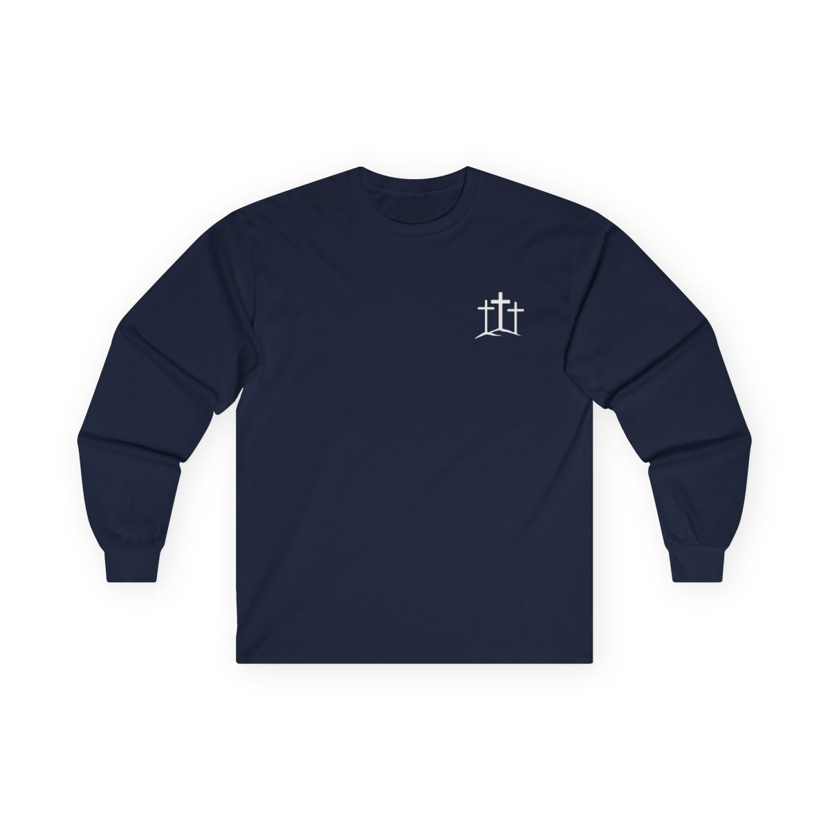 A classic Christian Unisex Ultra Cotton Long Sleeve Custom Tee featuring an image of three Jesus crosses on a hill on the top left chest of the shirt.