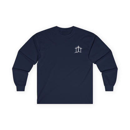 A classic Christian Unisex Ultra Cotton Long Sleeve Custom Tee featuring an image of three Jesus crosses on a hill on the top left chest of the shirt.