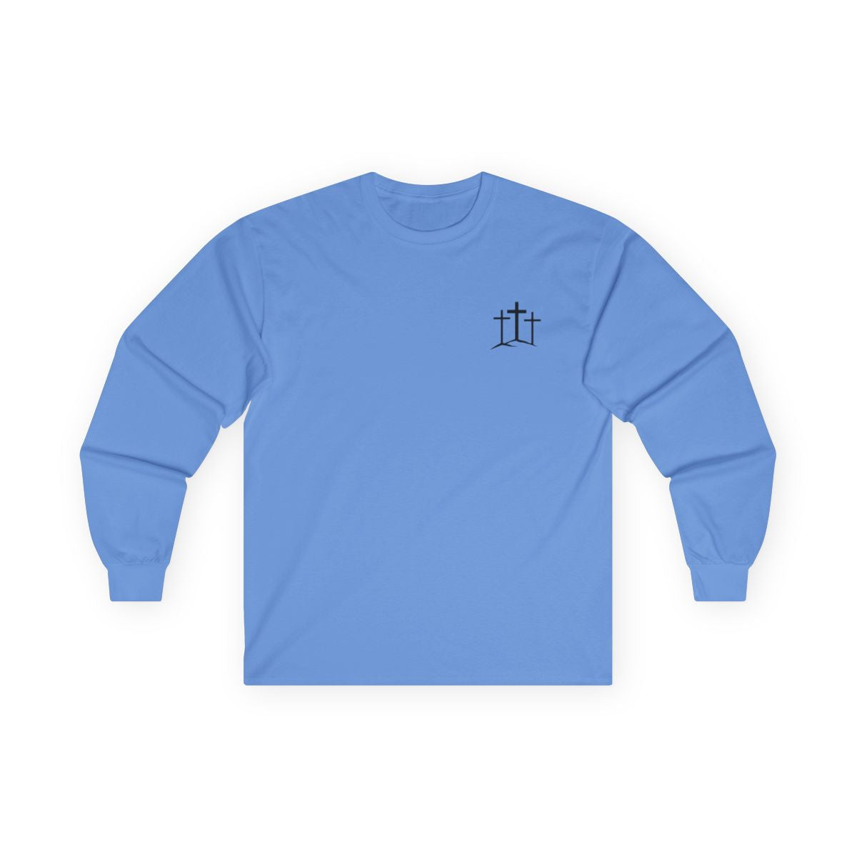 A classic Christian Unisex Ultra Cotton Long Sleeve Custom Tee featuring an image of three Jesus crosses on a hill on the top left chest of the shirt.