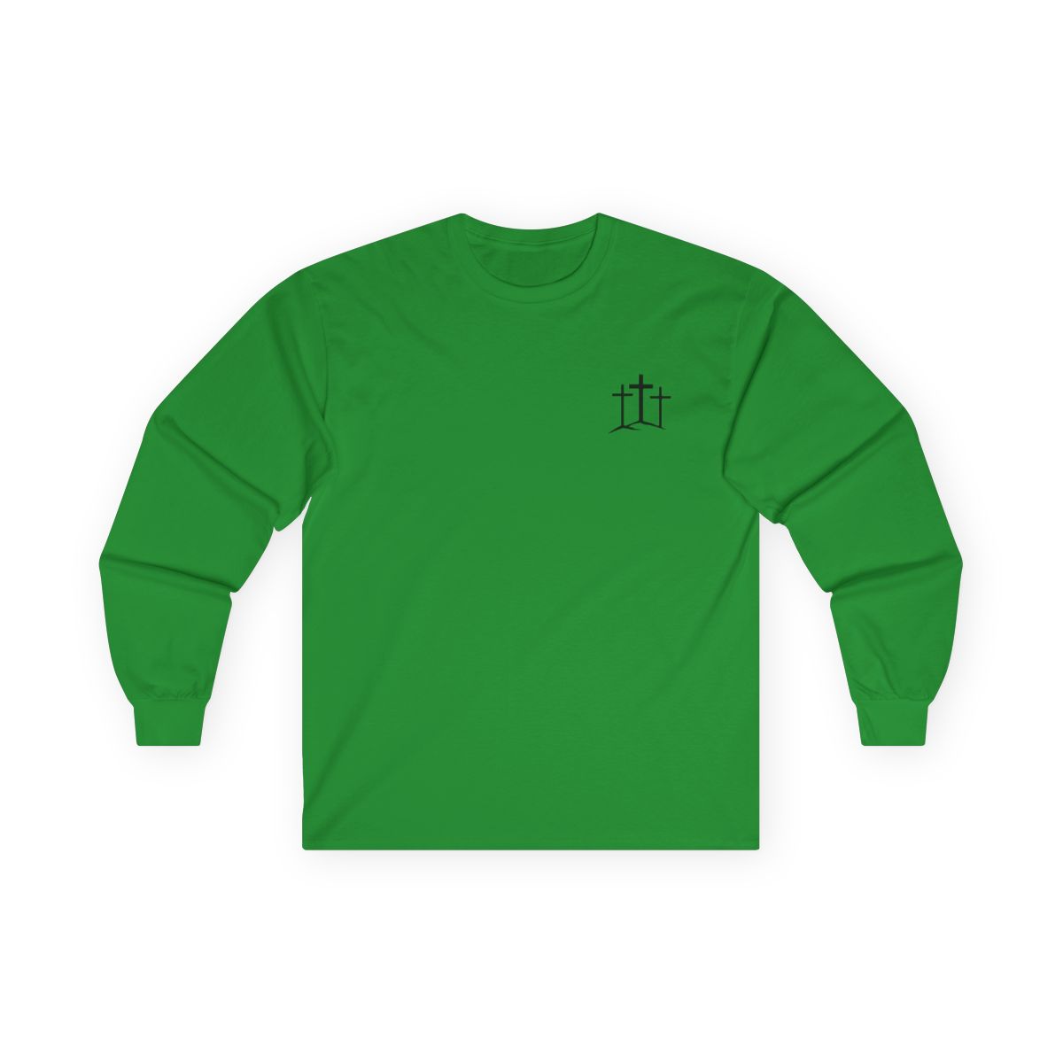 A classic Christian Unisex Ultra Cotton Long Sleeve Custom Tee featuring an image of three Jesus crosses on a hill on the top left chest of the shirt.