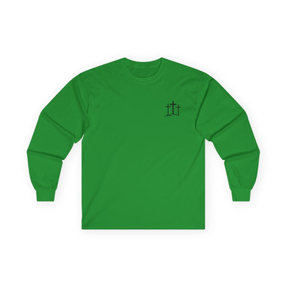 A classic Christian Unisex Ultra Cotton Long Sleeve Custom Tee featuring an image of three Jesus crosses on a hill on the top left chest of the shirt.