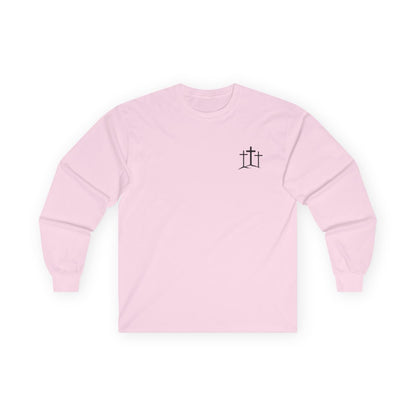 A classic Christian Unisex Ultra Cotton Long Sleeve Custom Tee featuring an image of three Jesus crosses on a hill on the top left chest of the shirt.