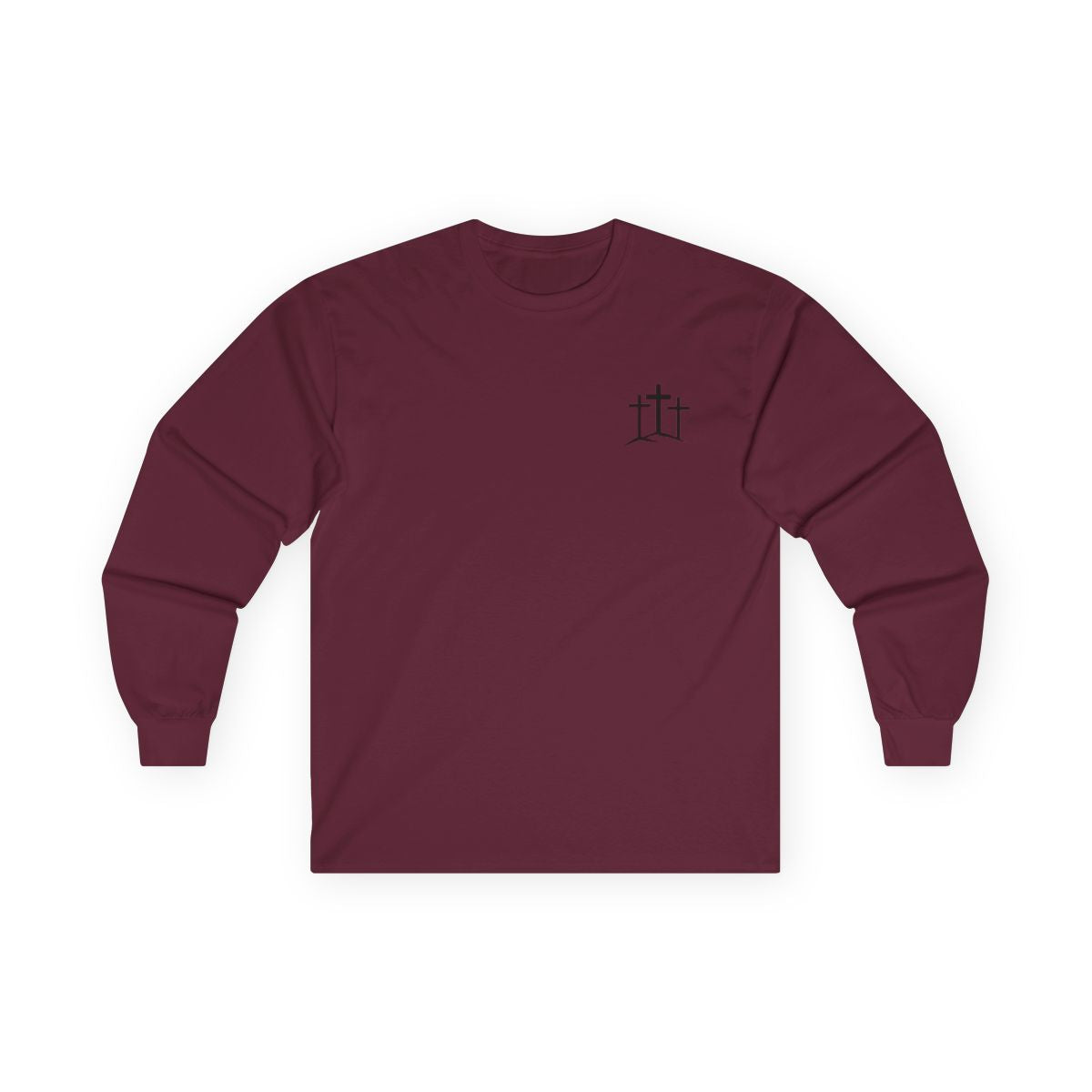 A classic Christian Unisex Ultra Cotton Long Sleeve Custom Tee featuring an image of three Jesus crosses on a hill on the top left chest of the shirt.