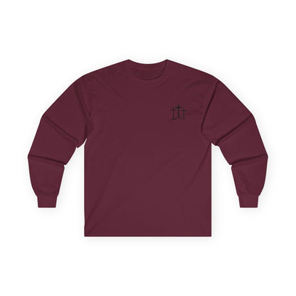 A classic Christian Unisex Ultra Cotton Long Sleeve Custom Tee featuring an image of three Jesus crosses on a hill on the top left chest of the shirt.