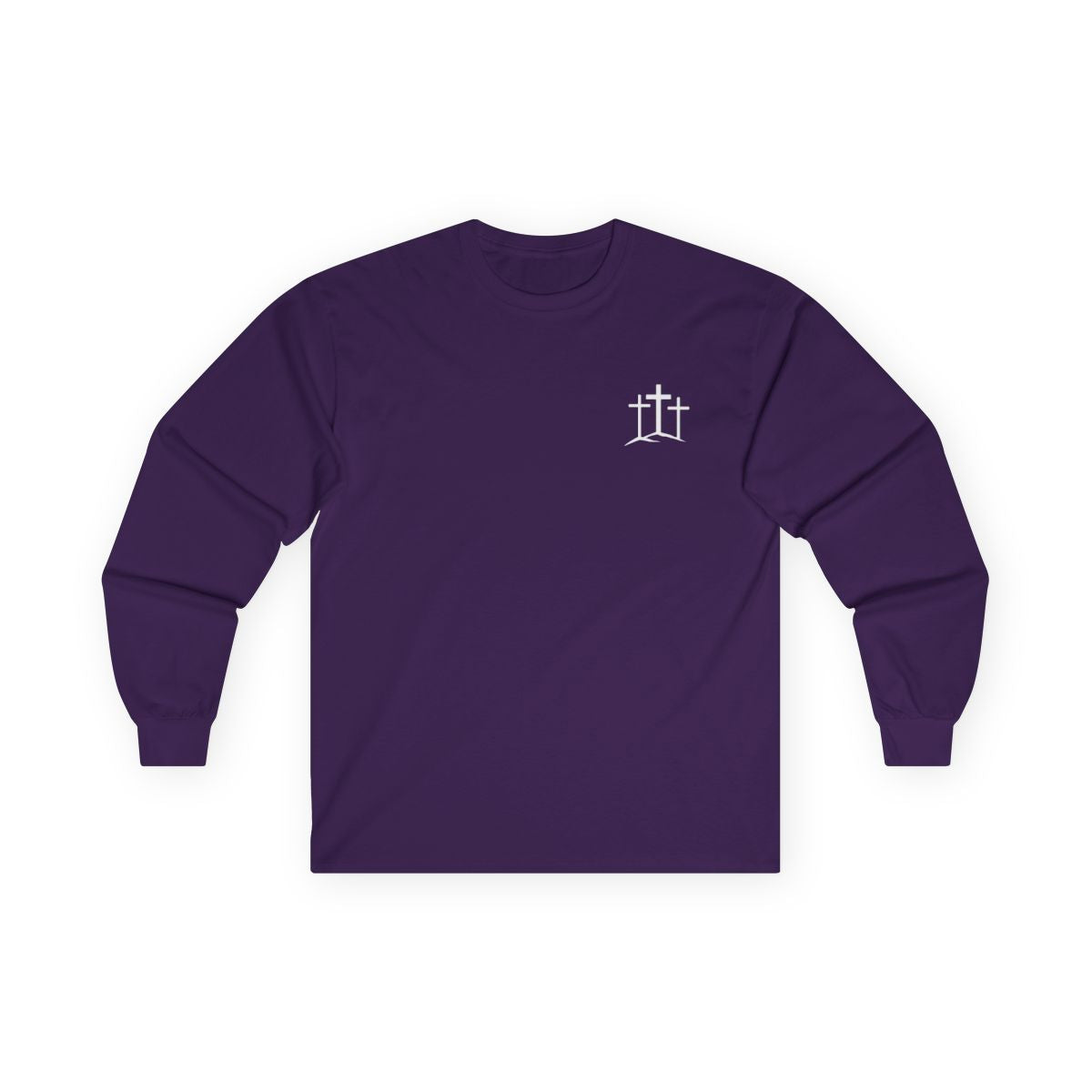 A classic Christian Unisex Ultra Cotton Long Sleeve Custom Tee featuring an image of three Jesus crosses on a hill on the top left chest of the shirt.