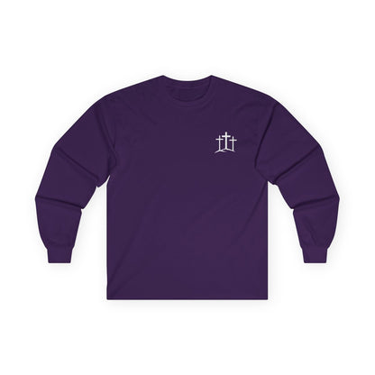 A classic Christian Unisex Ultra Cotton Long Sleeve Custom Tee featuring an image of three Jesus crosses on a hill on the top left chest of the shirt.