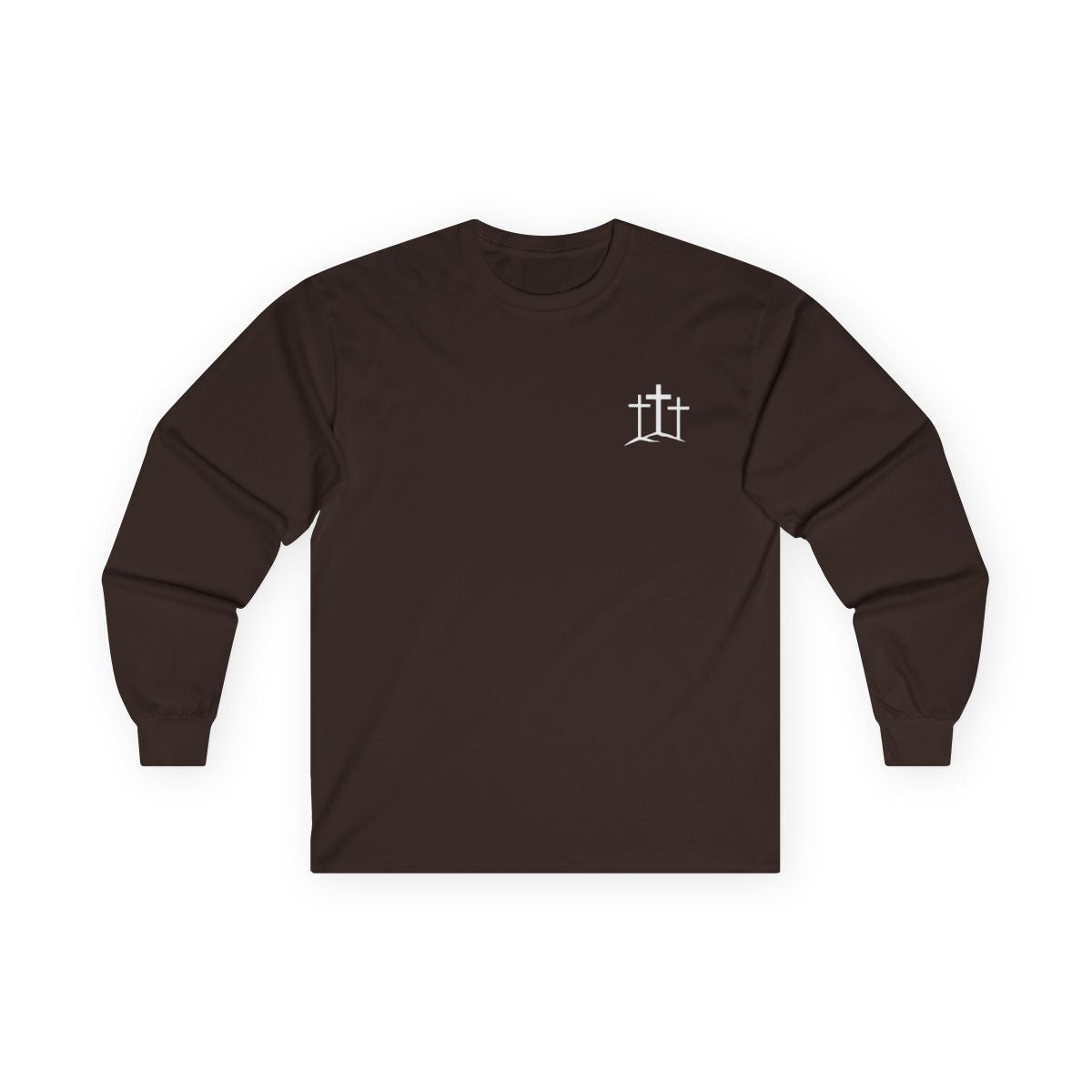 A classic Christian Unisex Ultra Cotton Long Sleeve Custom Tee featuring an image of three Jesus crosses on a hill on the top left chest of the shirt.