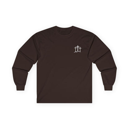 A classic Christian Unisex Ultra Cotton Long Sleeve Custom Tee featuring an image of three Jesus crosses on a hill on the top left chest of the shirt.