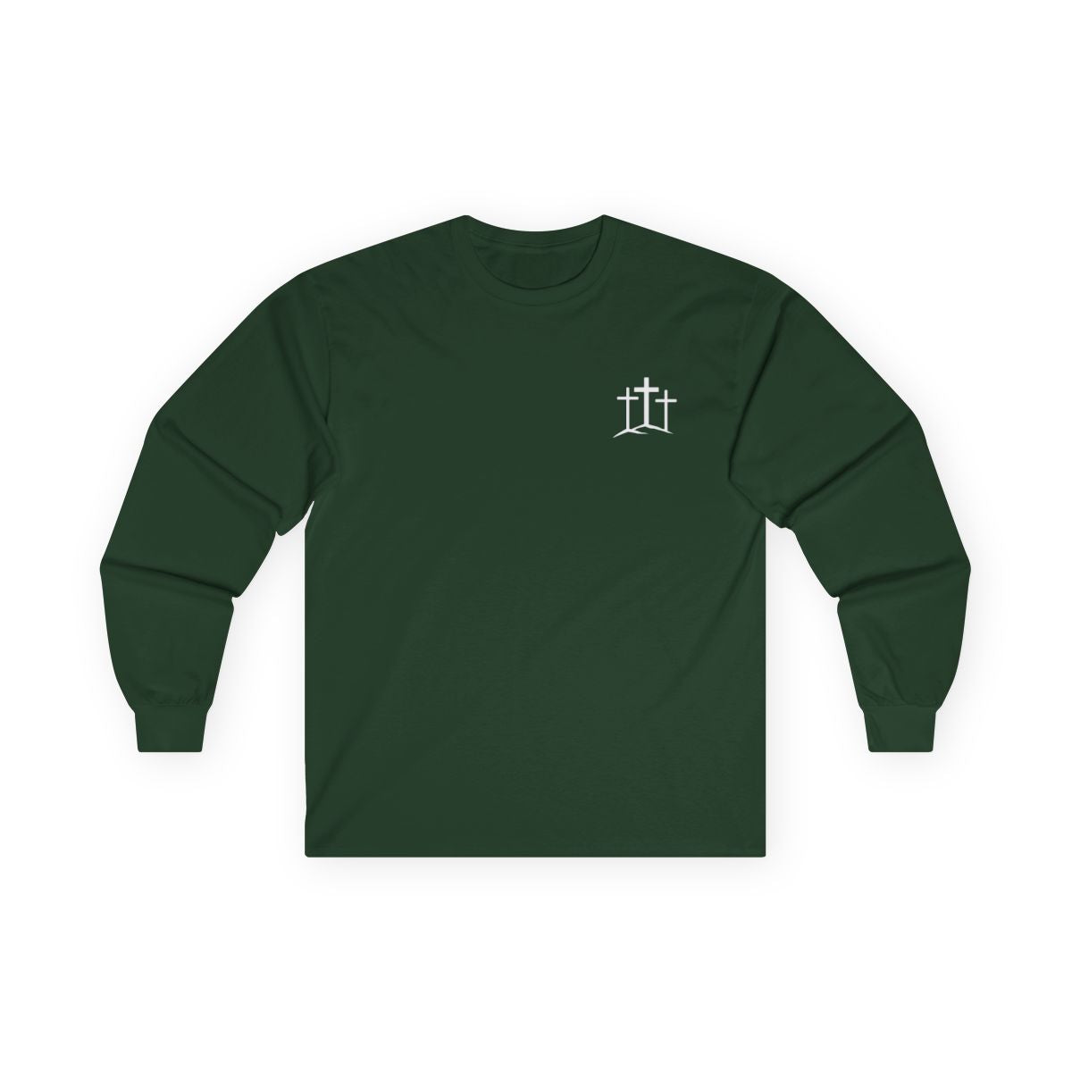 A classic Christian Unisex Ultra Cotton Long Sleeve Custom Tee featuring an image of three Jesus crosses on a hill on the top left chest of the shirt.