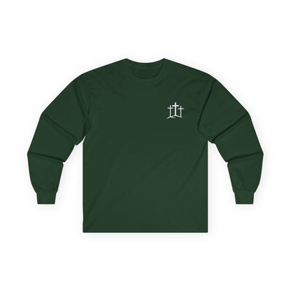 A classic Christian Unisex Ultra Cotton Long Sleeve Custom Tee featuring an image of three Jesus crosses on a hill on the top left chest of the shirt.
