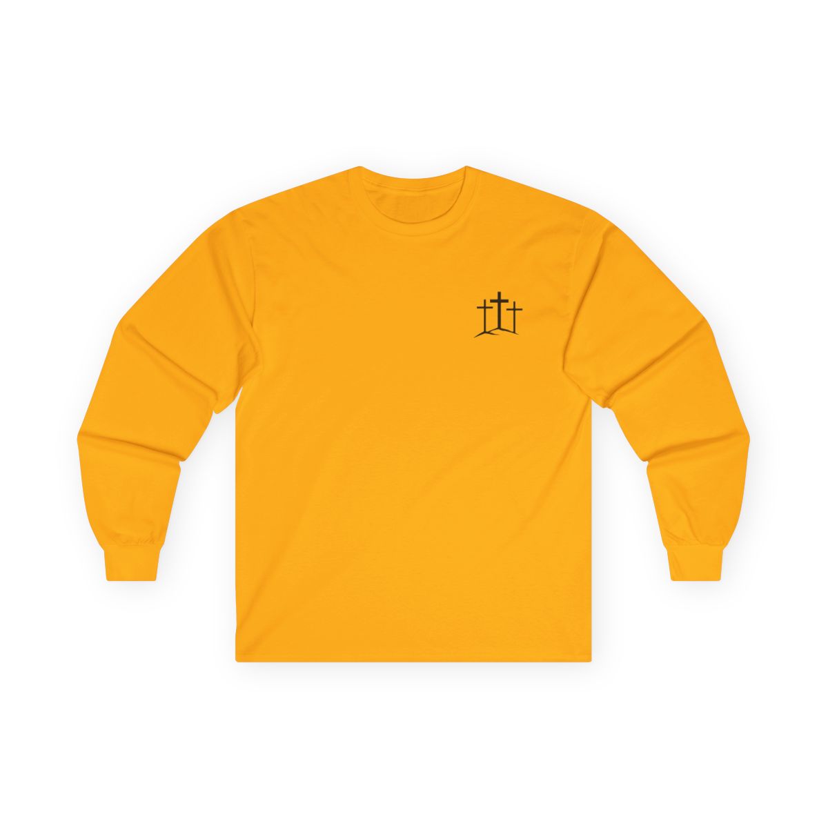 A classic Christian Unisex Ultra Cotton Long Sleeve Custom Tee featuring an image of three Jesus crosses on a hill on the top left chest of the shirt.