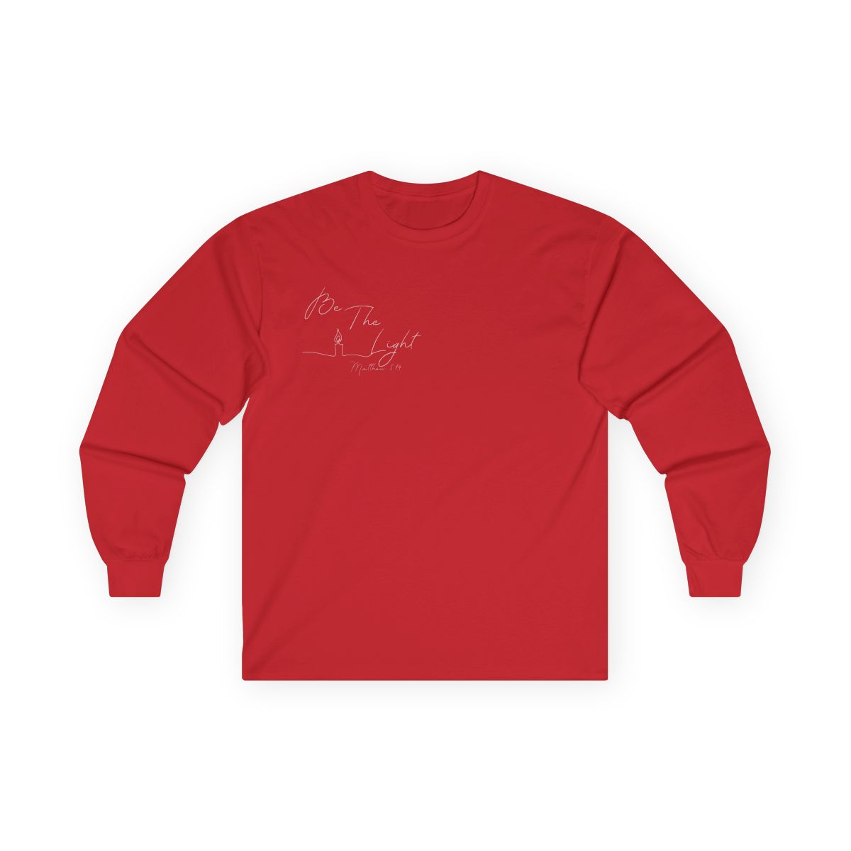 This Christian unisex Long Sleeve t-shirt features the words Be The Light Matthew 5:14 in a simple cursive font with an image of a line drawing of a candle next to the word light.