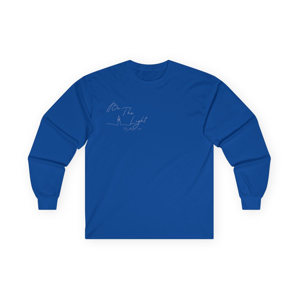 This Christian unisex Long Sleeve t-shirt features the words Be The Light Matthew 5:14 in a simple cursive font with an image of a line drawing of a candle next to the word light.