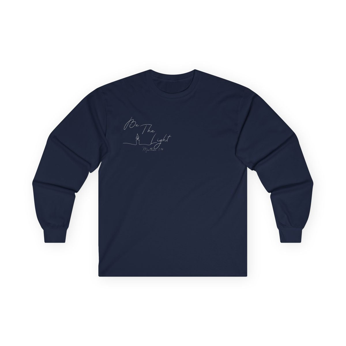 This Christian unisex Long Sleeve t-shirt features the words Be The Light Matthew 5:14 in a simple cursive font with an image of a line drawing of a candle next to the word light.