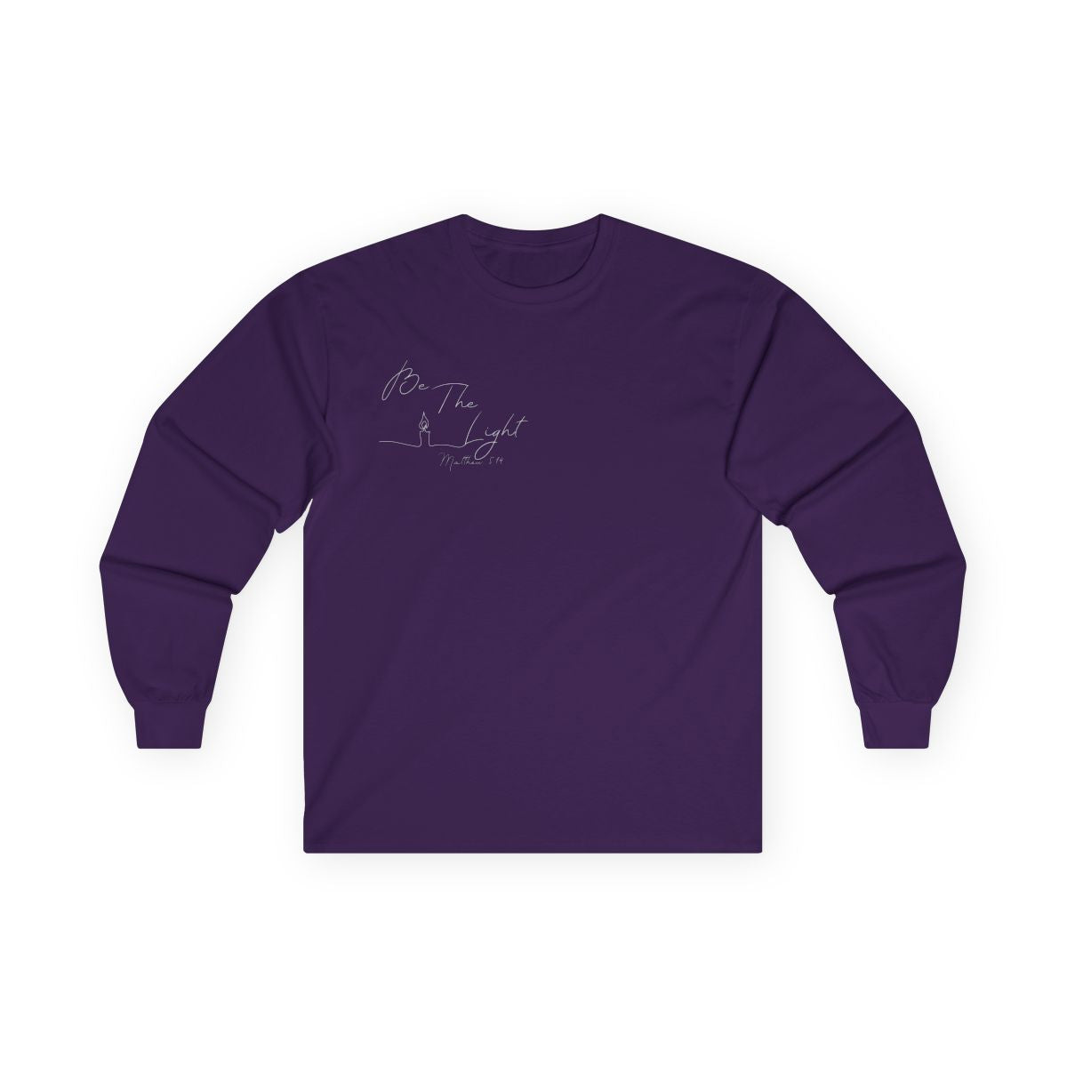 This Christian unisex Long Sleeve t-shirt features the words Be The Light Matthew 5:14 in a simple cursive font with an image of a line drawing of a candle next to the word light.