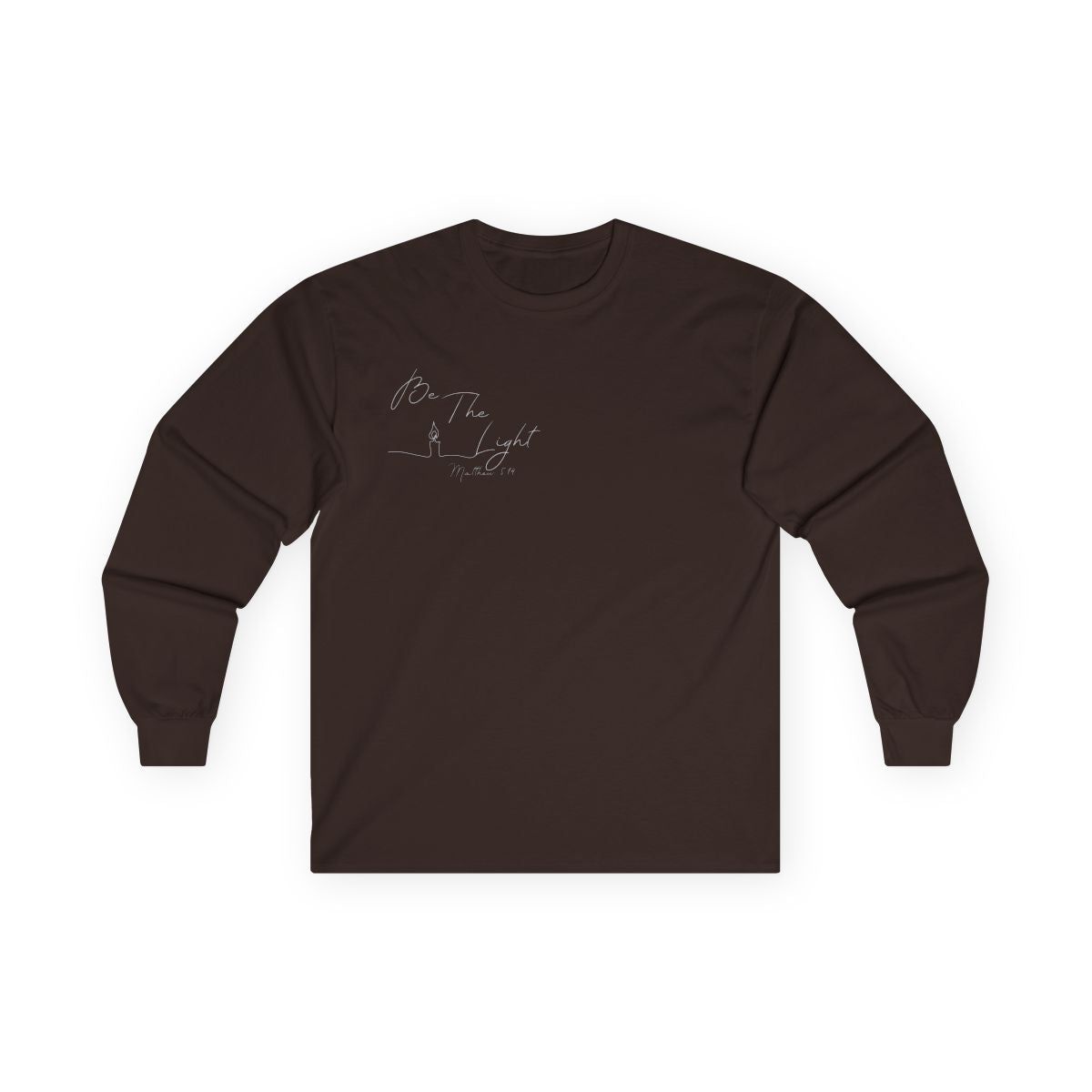 This Christian unisex Long Sleeve t-shirt features the words Be The Light Matthew 5:14 in a simple cursive font with an image of a line drawing of a candle next to the word light.