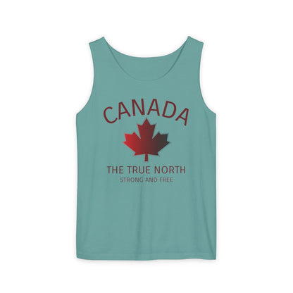 This custom unisex tank top has the word Canada in large block letters in a half circle on the top with a maple leaf underneath that, then under the the maple leaf are the words The True North Strong And Free in the same font, everything is a bright red color like the Canadian flag.