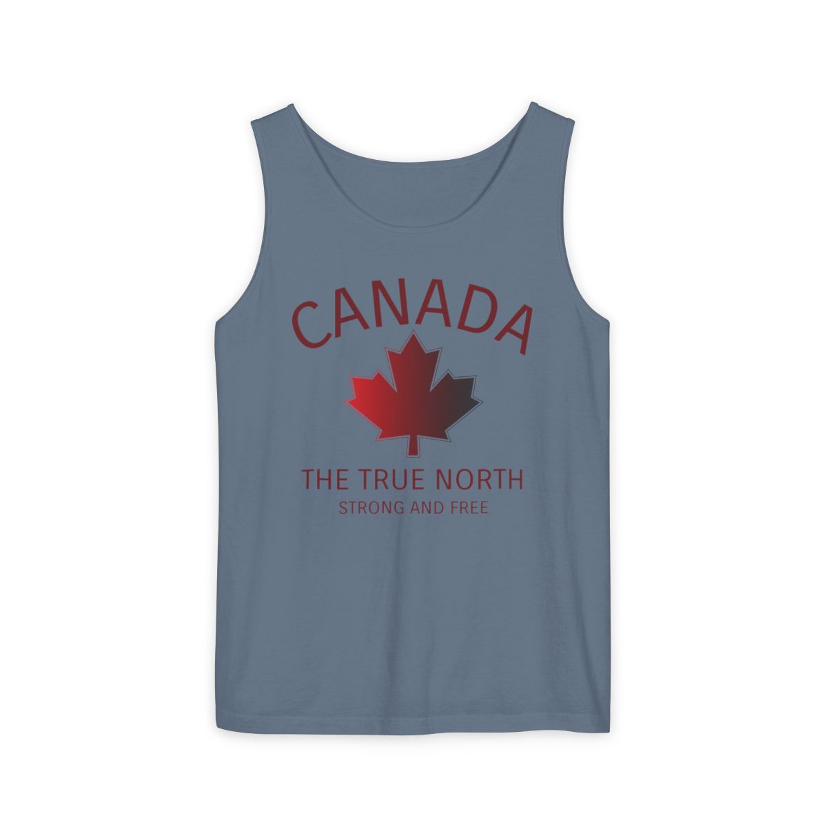 This custom unisex tank top has the word Canada in large block letters in a half circle on the top with a maple leaf underneath that, then under the the maple leaf are the words The True North Strong And Free in the same font, everything is a bright red color like the Canadian flag.