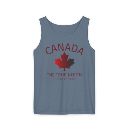 This custom unisex tank top has the word Canada in large block letters in a half circle on the top with a maple leaf underneath that, then under the the maple leaf are the words The True North Strong And Free in the same font, everything is a bright red color like the Canadian flag.