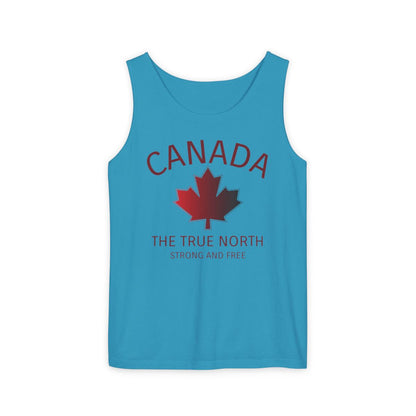 This custom unisex tank top has the word Canada in large block letters in a half circle on the top with a maple leaf underneath that, then under the the maple leaf are the words The True North Strong And Free in the same font, everything is a bright red color like the Canadian flag.