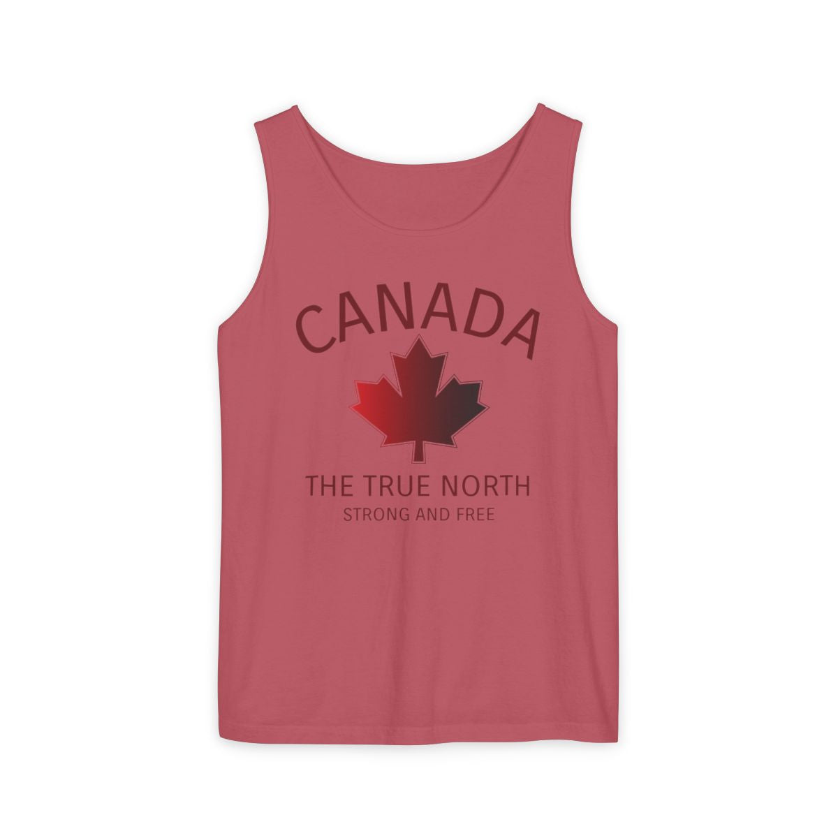 This custom unisex tank top has the word Canada in large block letters in a half circle on the top with a maple leaf underneath that, then under the the maple leaf are the words The True North Strong And Free in the same font, everything is a bright red color like the Canadian flag.